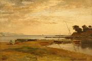 Coastline at low tide in the evening light. Resting in the foreground dry sailing boats, Albert Hertel